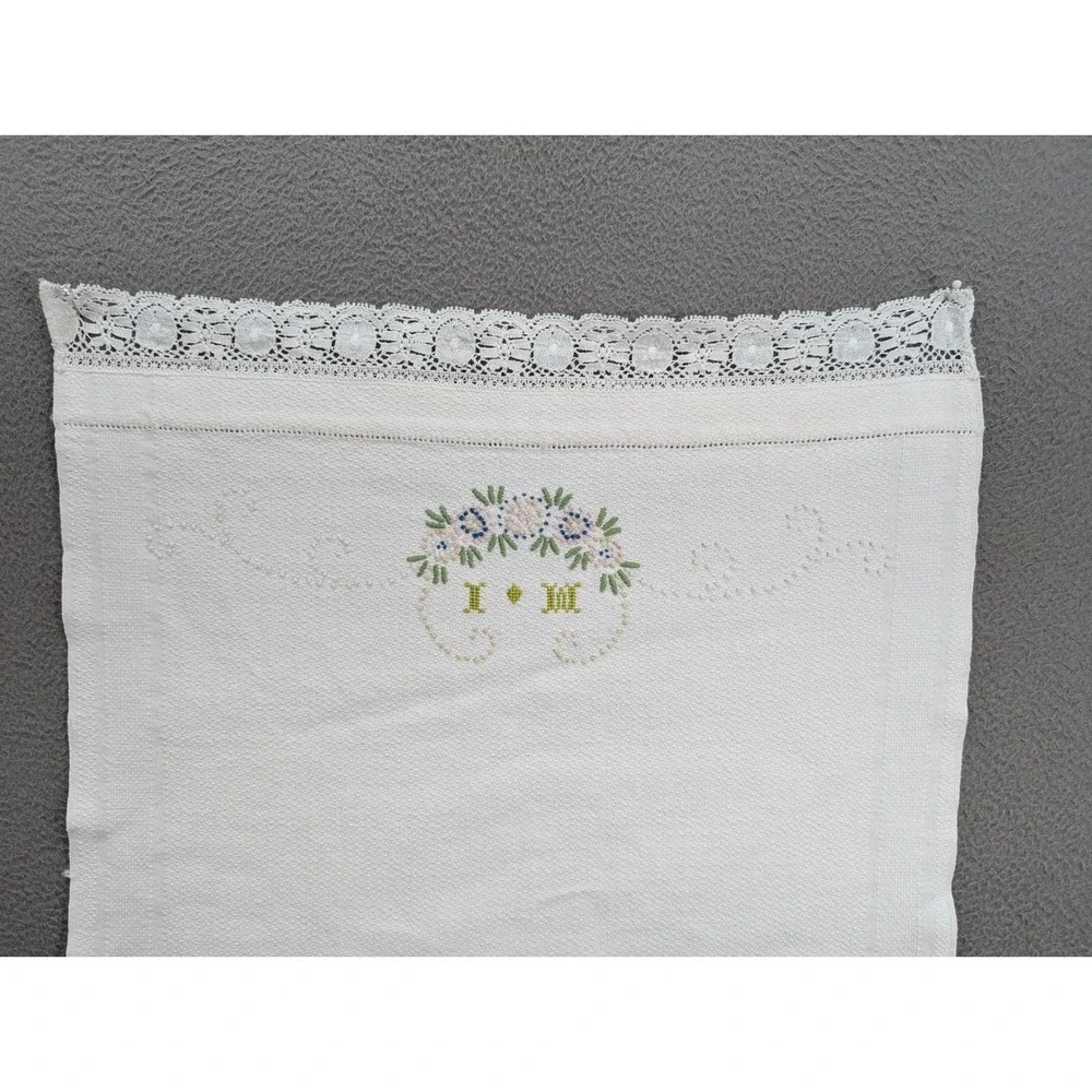 Vintage Lof of‎ 6 Embroidered Hand Towel Linen Floral Lace Trim Kitchen Boho